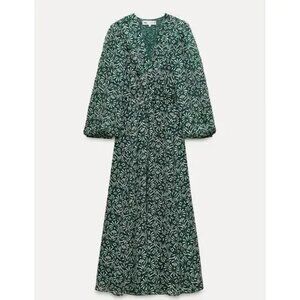 Zara ZW Collection Printed Floral Midi Dress | Green White | Size XS x-small
